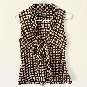 Sandra Angelozzi Black Tan Polka Dot Silk Front Tie Sleeveless Blouse Size 2
